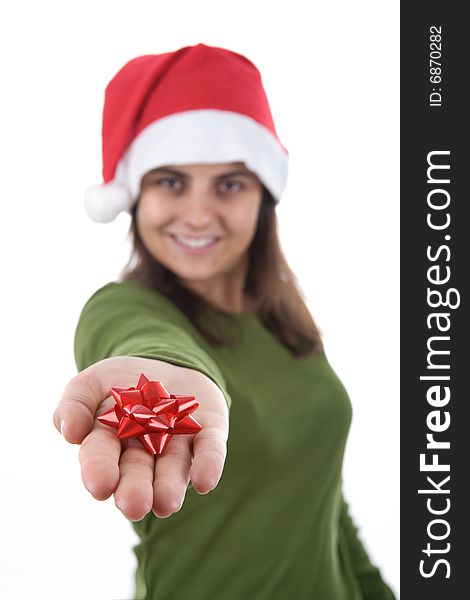 Young Christmas santa woman holding red ribbon in the hand. isolated on white background. Portrait orientation. Young Christmas santa woman holding red ribbon in the hand. isolated on white background. Portrait orientation.