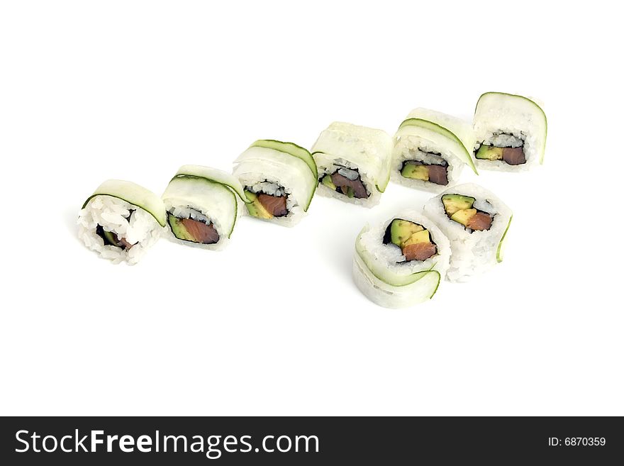 Sushi rolls with avocado, salmon, cucumber are isolated on white background