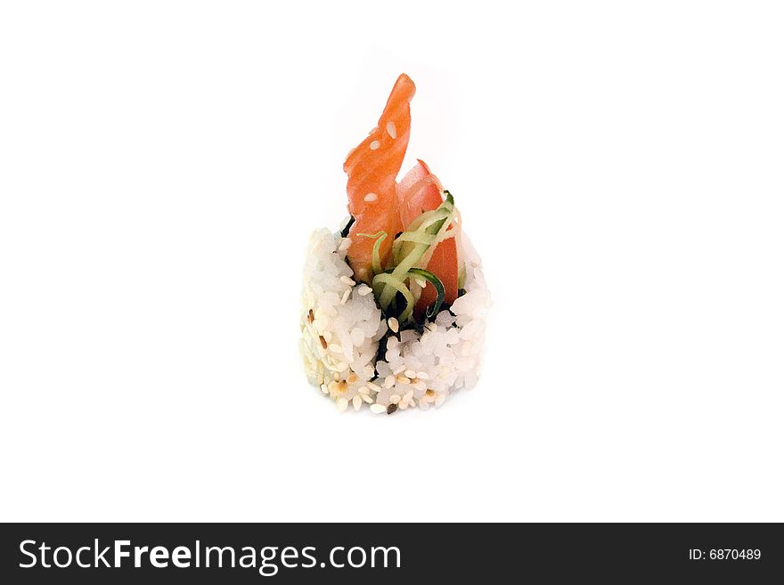 Sushi rolls with salmon, cucumber and tomato are isolated on the white background