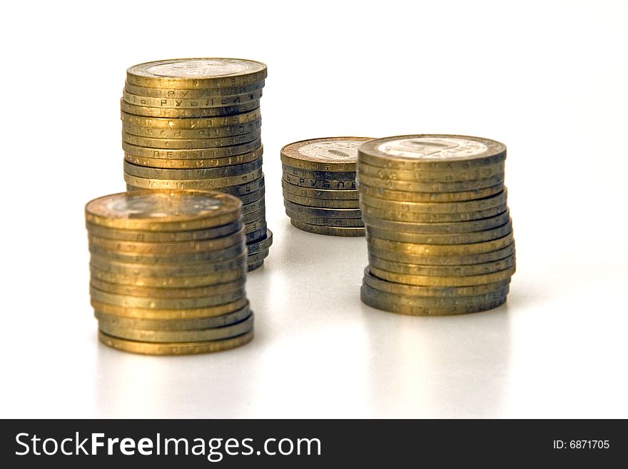 Four stacks of coins rubles Russian currency. Four stacks of coins rubles Russian currency