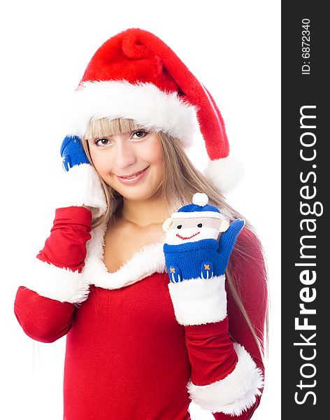 Pretty blond girl dressed as Santa wearing funny mittens. Pretty blond girl dressed as Santa wearing funny mittens