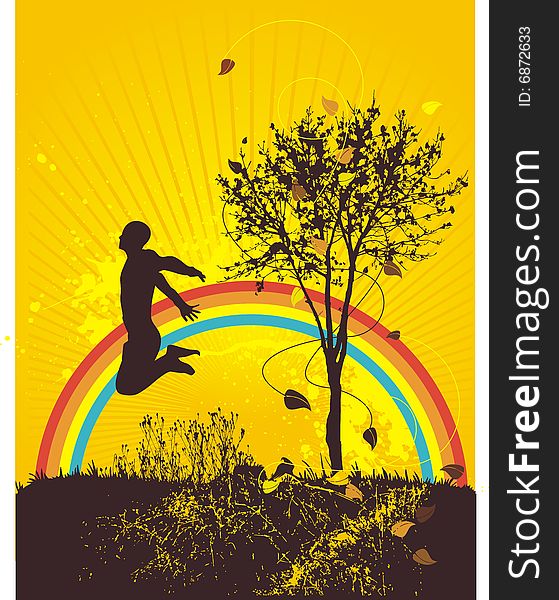 Sunny autumn day with rainbow- illustration. Sunny autumn day with rainbow- illustration