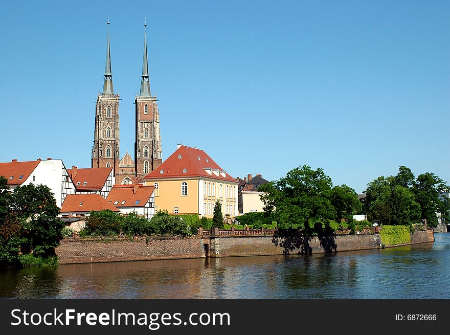 Wroclaw with Odra River and cathedral