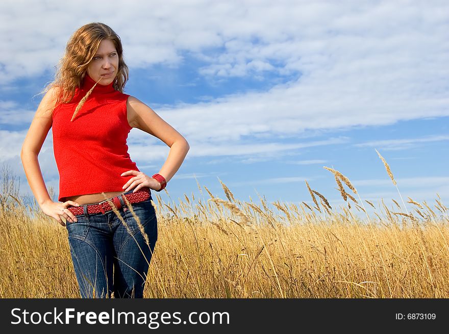 The girl in an autumn field against the sky. The girl in an autumn field against the sky