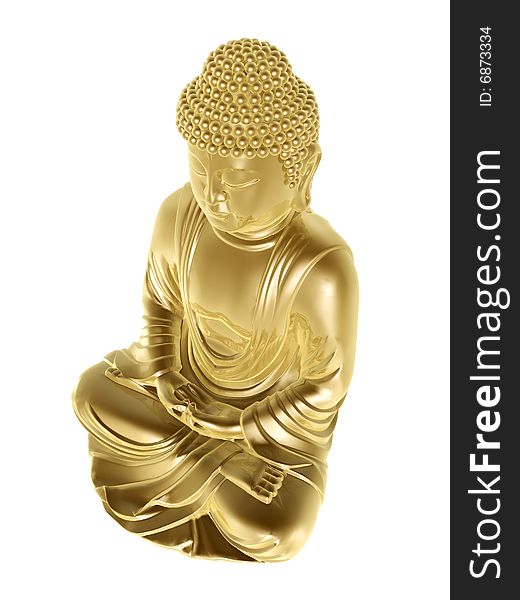 Golden buddha sitting cross-legged on white background