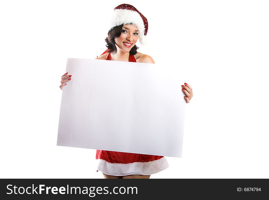 Smiling christmas woman isolated on white background with a white paper