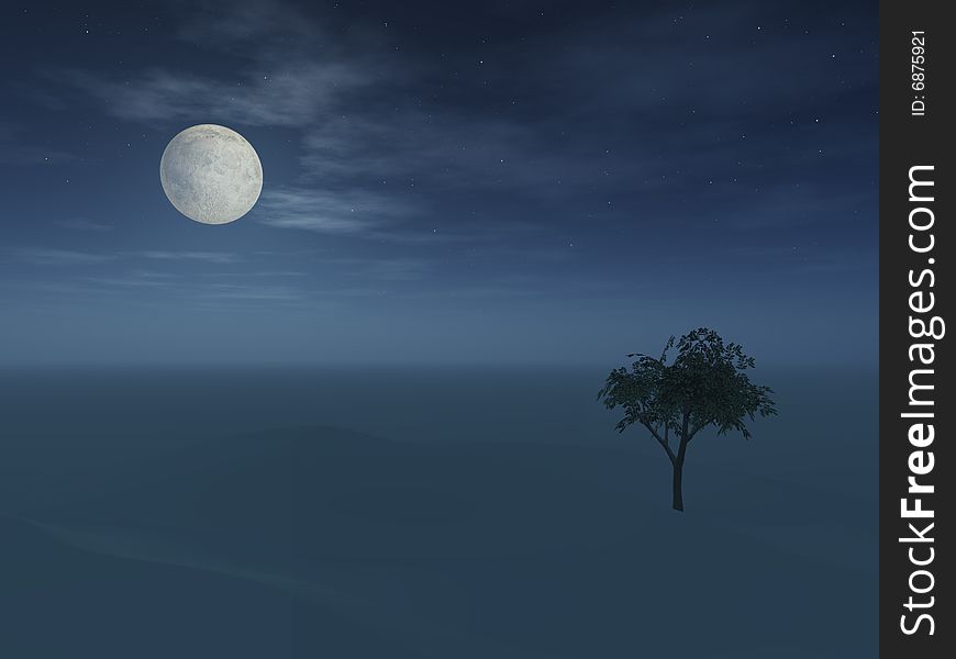 A night full moon over horizon with lone tree. A night full moon over horizon with lone tree.