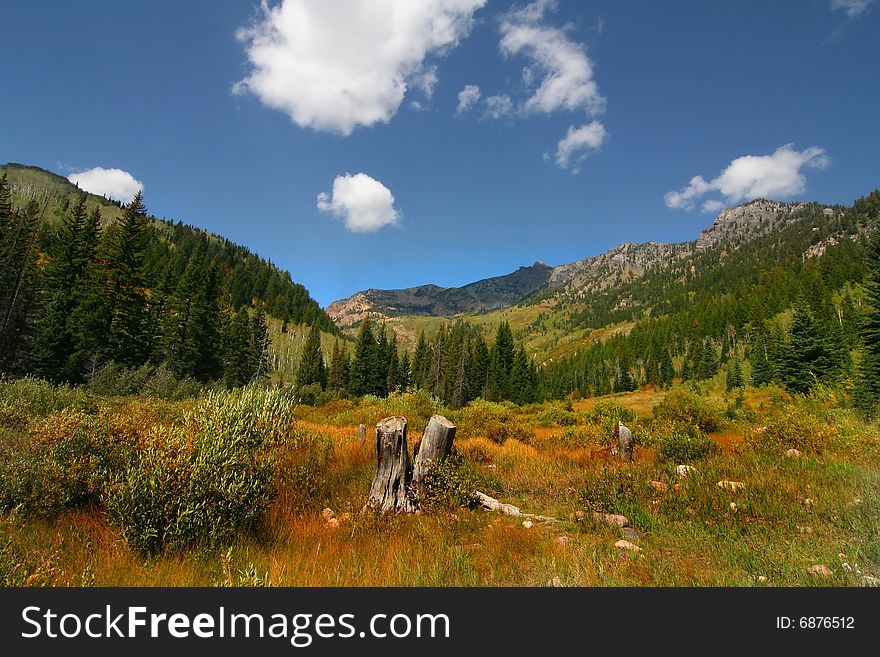Rocky Mountains in the summer with blue sky and clouds