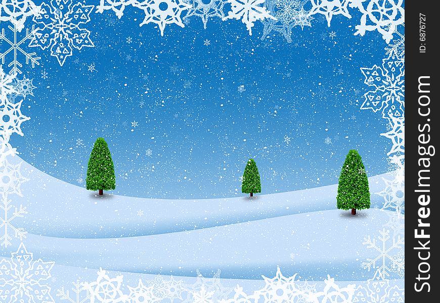 Blue illustration of winter landscape with trees and snow-flakes