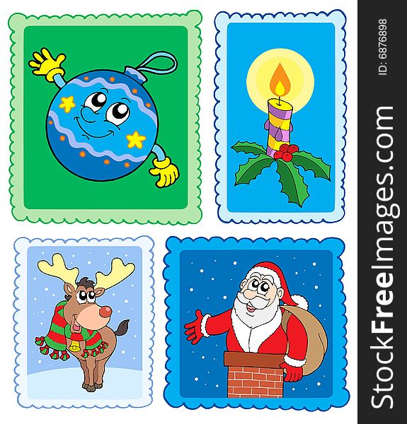 Christmas post stamps collection - vector illustration.