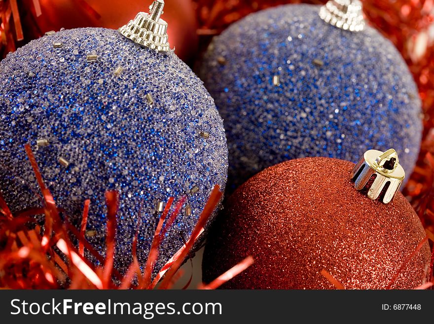 Christmas decorations, blue and red baubles. Christmas decorations, blue and red baubles