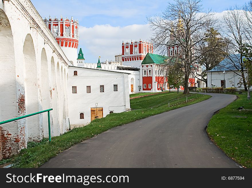 Courtyard of an orthodox monastery with towers and fortifications