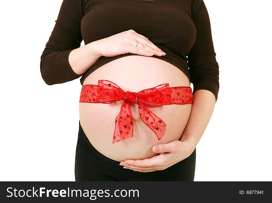 Pregnant woman with red bow. Gift. Pregnant woman with red bow. Gift.