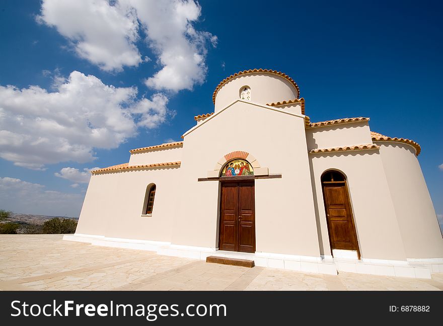 Orthodox church of Panagia  (St Mary) Tsampika in Cyprus taken with a wide angle lens.