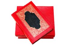 Red Cover Book With Golden Ornament In Red Box. Stock Photo Red Cover Book With Golden Ornament In Red Box. Stock Photo