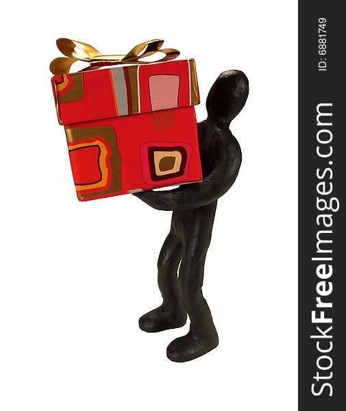 The Plasticine man and gift with golden bow, isolated