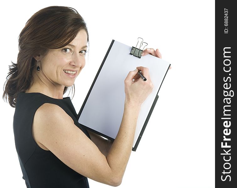 Adult secretary shows a blank paper on a white background