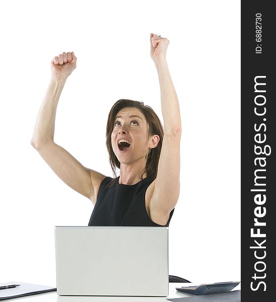 Beautiful businesswoman in her office exulting on a white background