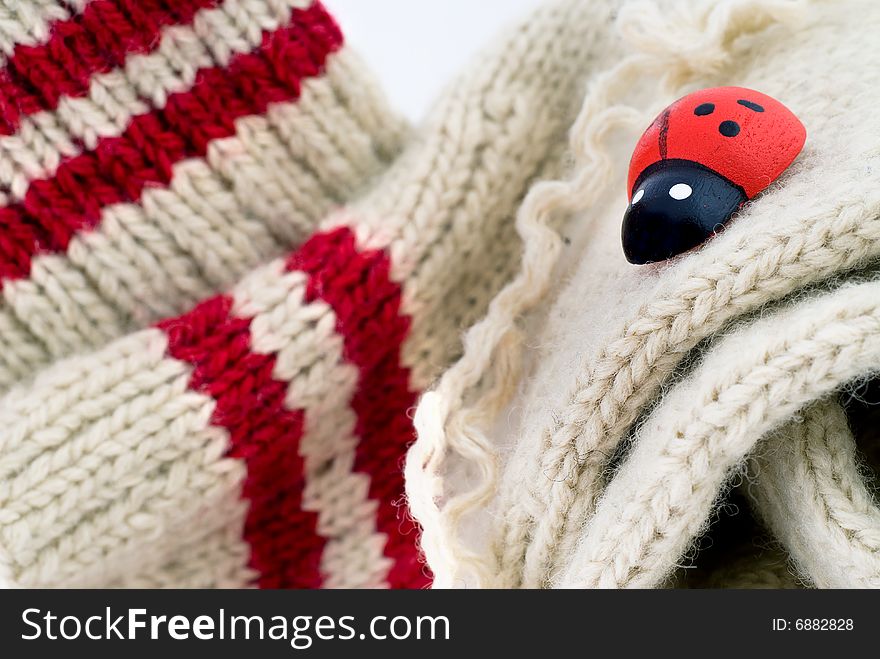 Close-up of a woollen hand-made socks with a wooden lady-bird