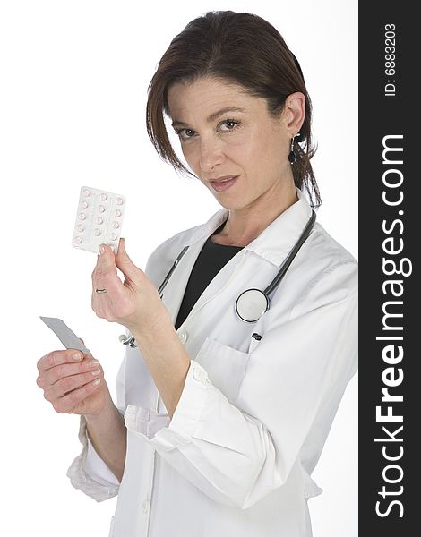 Female doctor handing over medicine isolated on white