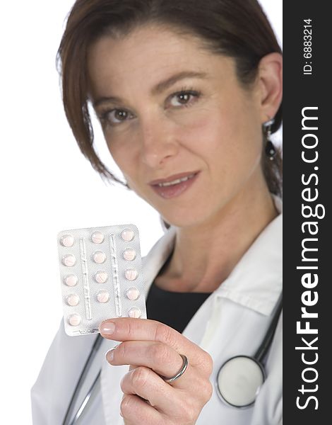 Female doctor handing over medicine isolated on white