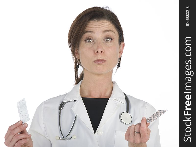 Female doctor handing over medicine isolated on white