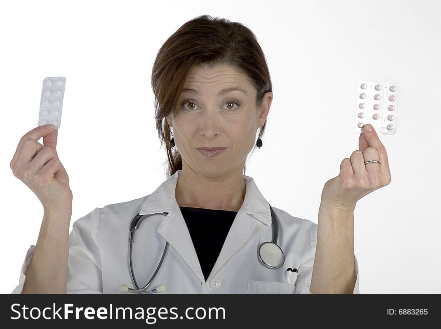 Female doctor handing over medicine isolated on white