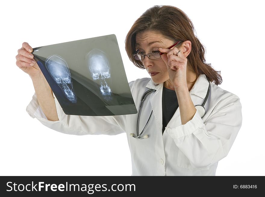 Woman doctor whit radiography a over white background