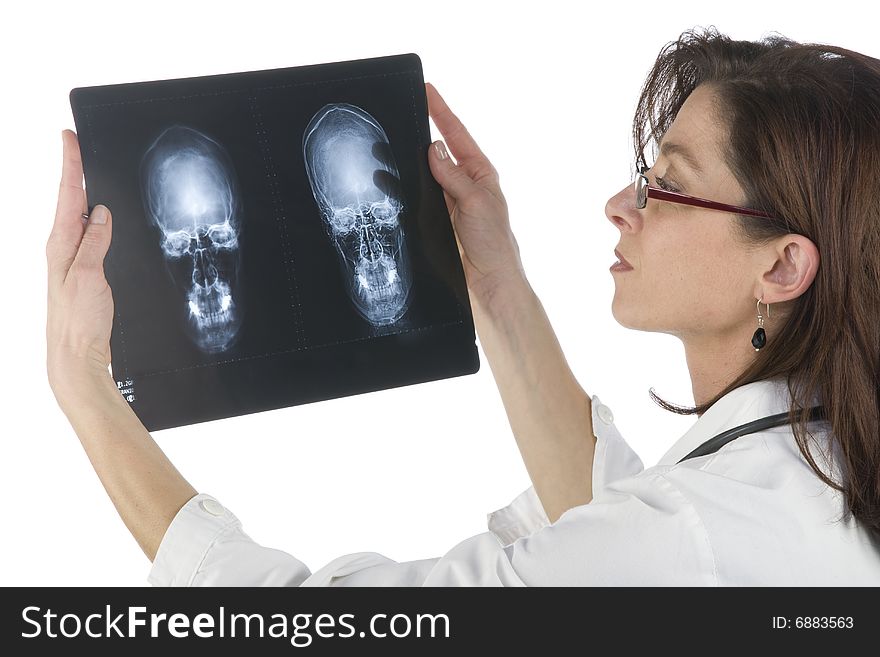 Woman doctor whit radiography a over white background