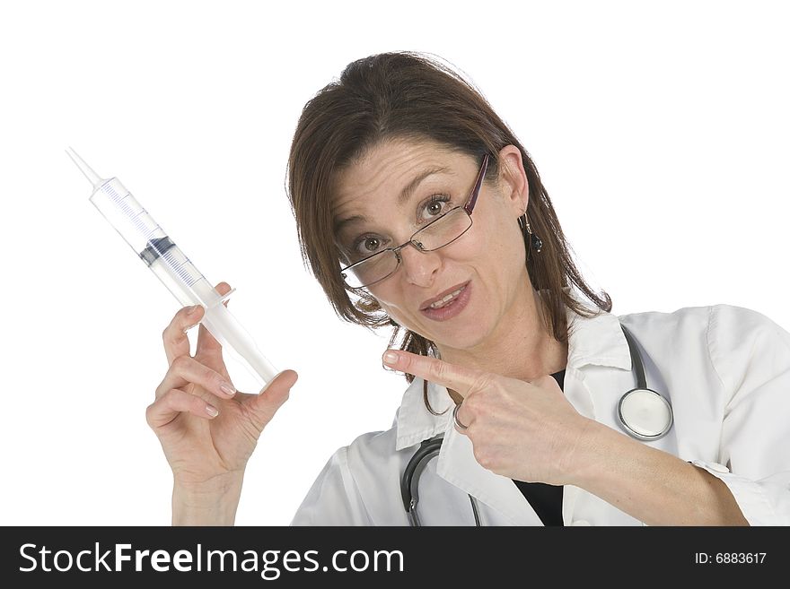 Doctor holding a big syringe and getting ready for injection