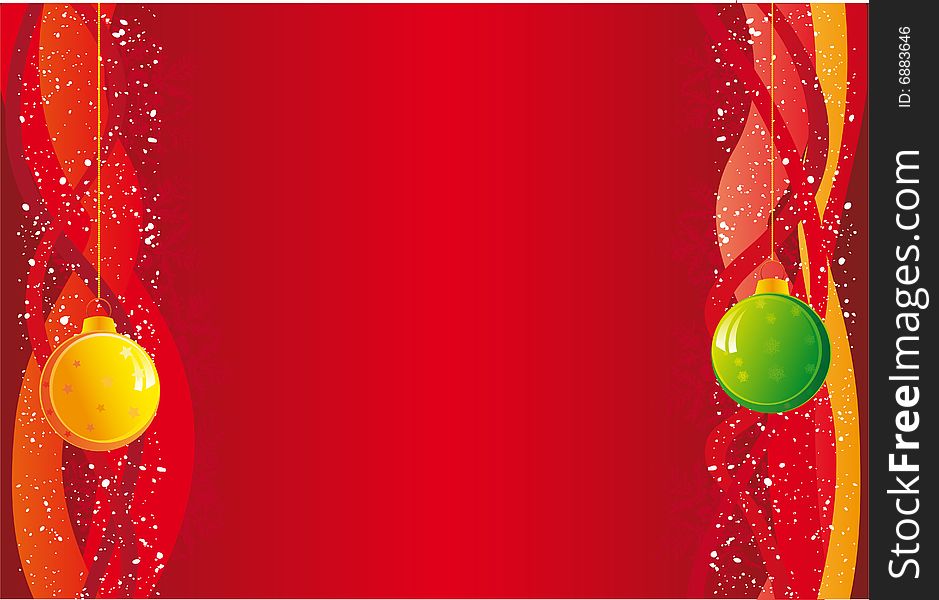 Decorate red christmas background with 2 christmas balls, vector illustration