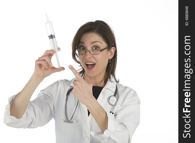 Doctor holding a big syringe and getting ready for injection