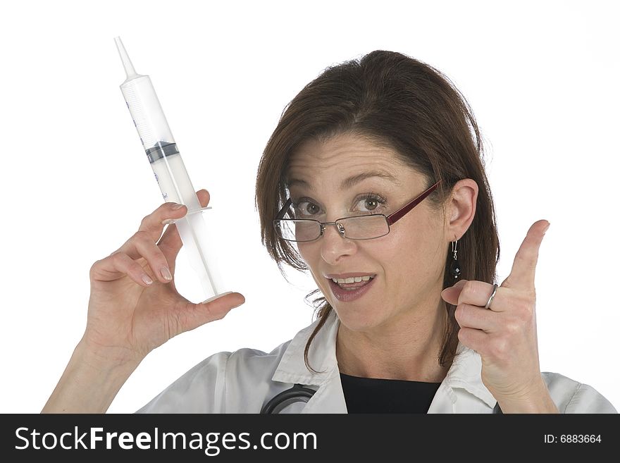 Doctor holding a big syringe and getting ready for injection