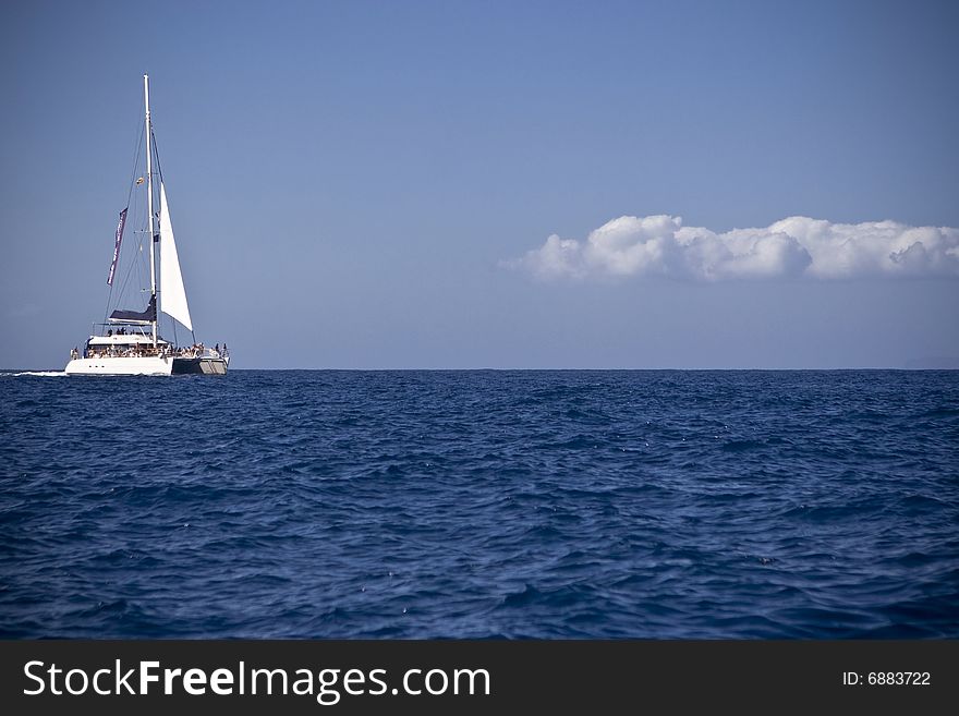 White catamaran sailing on blue ocean