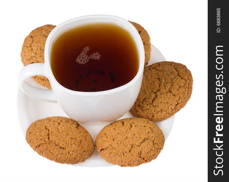 Tea with five cookies, isolated on white