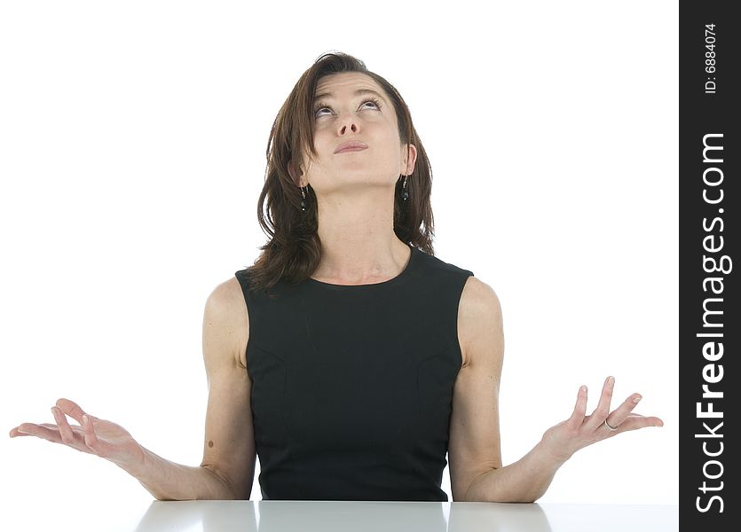 Portrait on white background of a forty years old woman in studio