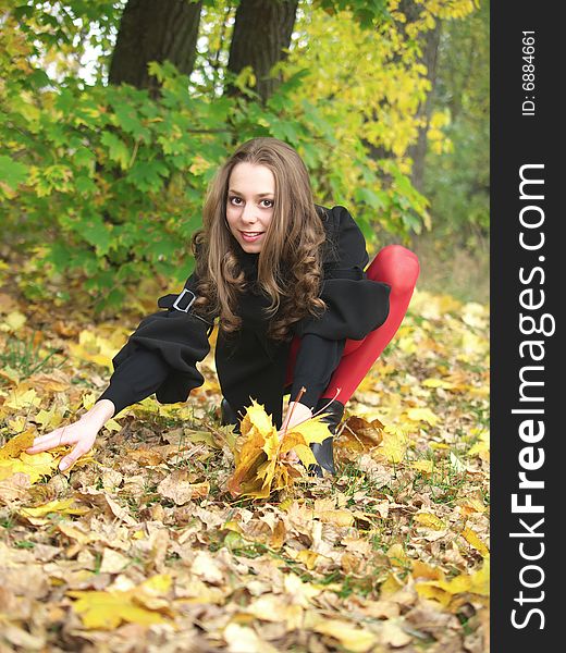 Smiling beauty young girl sits and gathers leaves in autumn forest. Smiling beauty young girl sits and gathers leaves in autumn forest.