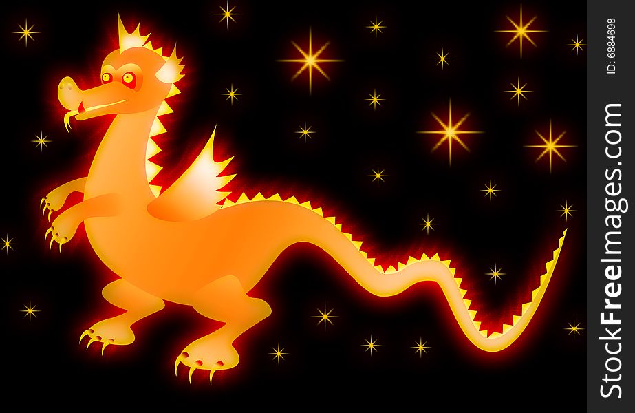 Glowing Dragon in night sky. Illustration.