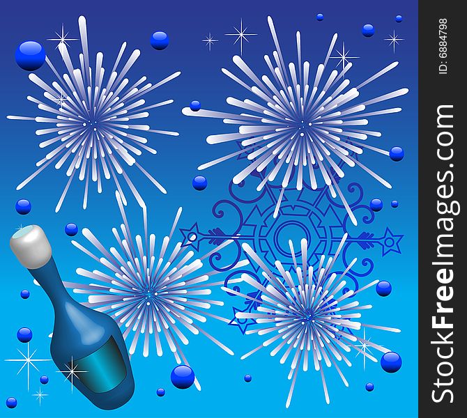 Abstract colorful background with blue bottle of champagne, blue bubbles and fireworks, for the New Year's Day. Abstract colorful background with blue bottle of champagne, blue bubbles and fireworks, for the New Year's Day