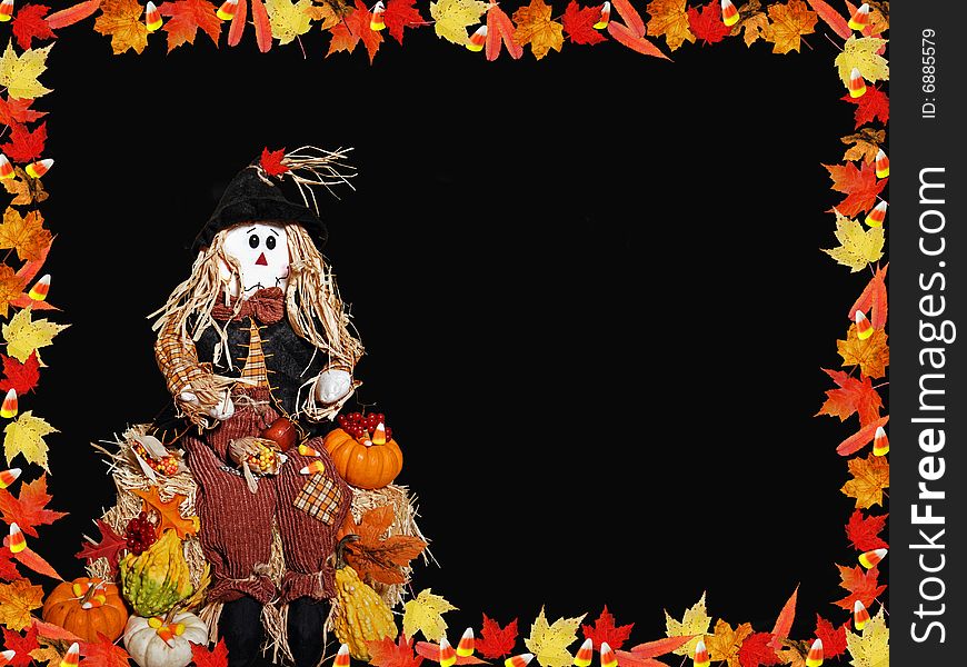 Leaf and candy border with a scarecrow on hay bale. Leaf and candy border with a scarecrow on hay bale.