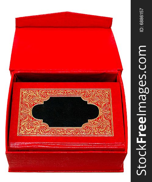 Red Cover Book With Golden Ornament In Red Box.