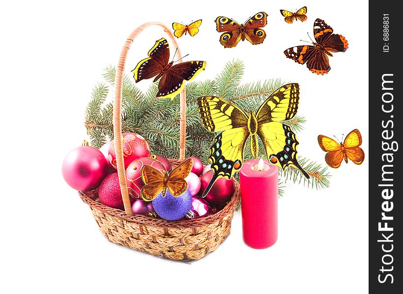 Ornaments in yellow basket and butterflies