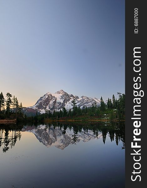 Mount Shuksan from picture lake after sunset on a clear day. Mount Shuksan from picture lake after sunset on a clear day