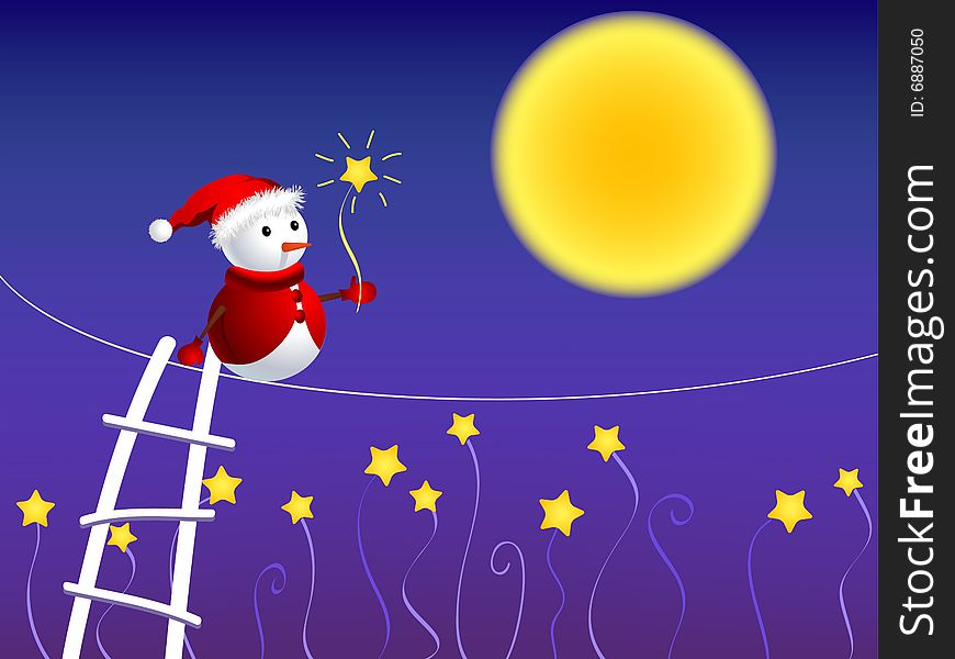 Snowman walking in starry sky