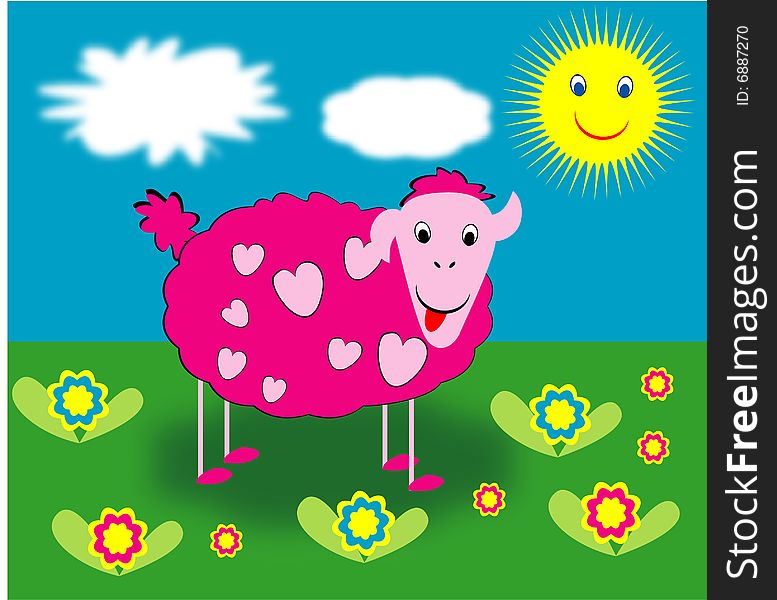 Pink sheep with hearts pattern in summer