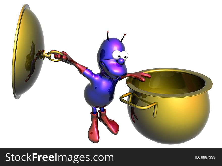 Blue funny alien with opened pan. Blue funny alien with opened pan.