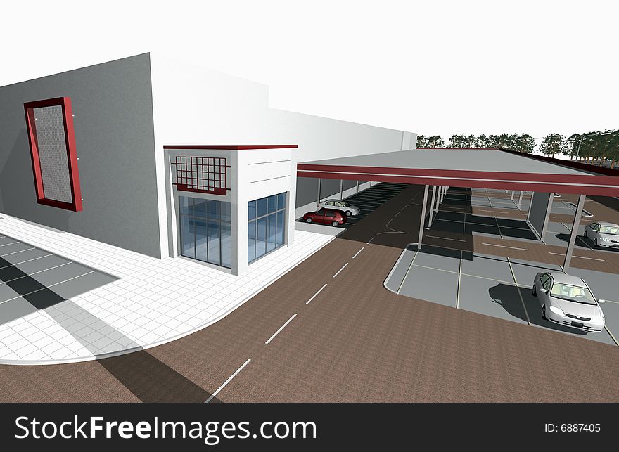 3D render of modern business center, parking in front