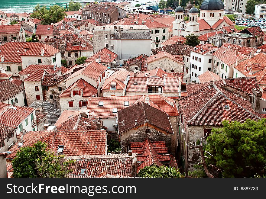 Red roof od old town Kotor by Adriatic sea in Montenegro. Red roof od old town Kotor by Adriatic sea in Montenegro