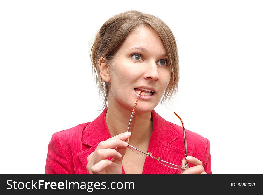 Young woman in red with glasses