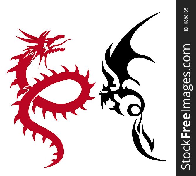 Two dragons china japan red black